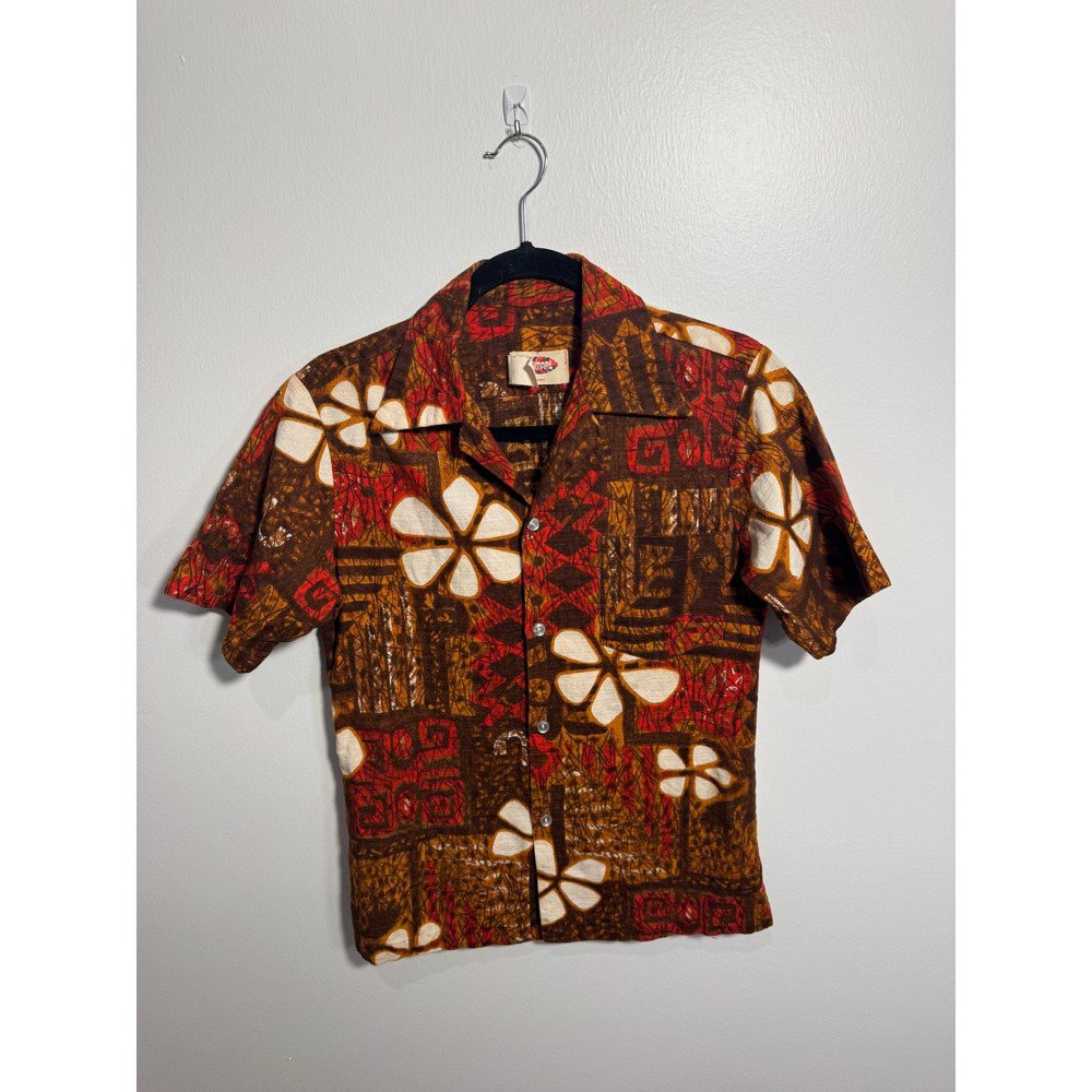 Vintage Pomare Hawaii Mens Aloha Shirt Brown Orange Batik Floral Print Small